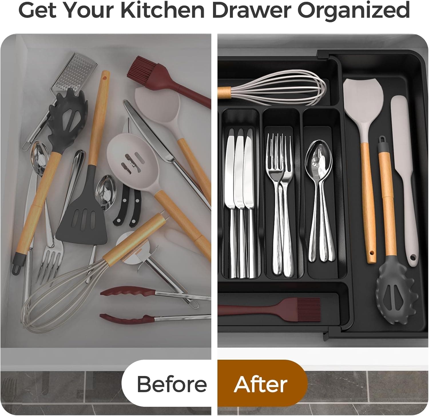 Extra Large Expandable Silverware Organizer, BPA-Free Food-Safe Cutlery Flatware Organizer, Kitchen Utensil Drawer Organizer, Adjustable Silverware Holder for Spoons Forks Knives, Black - Image 7
