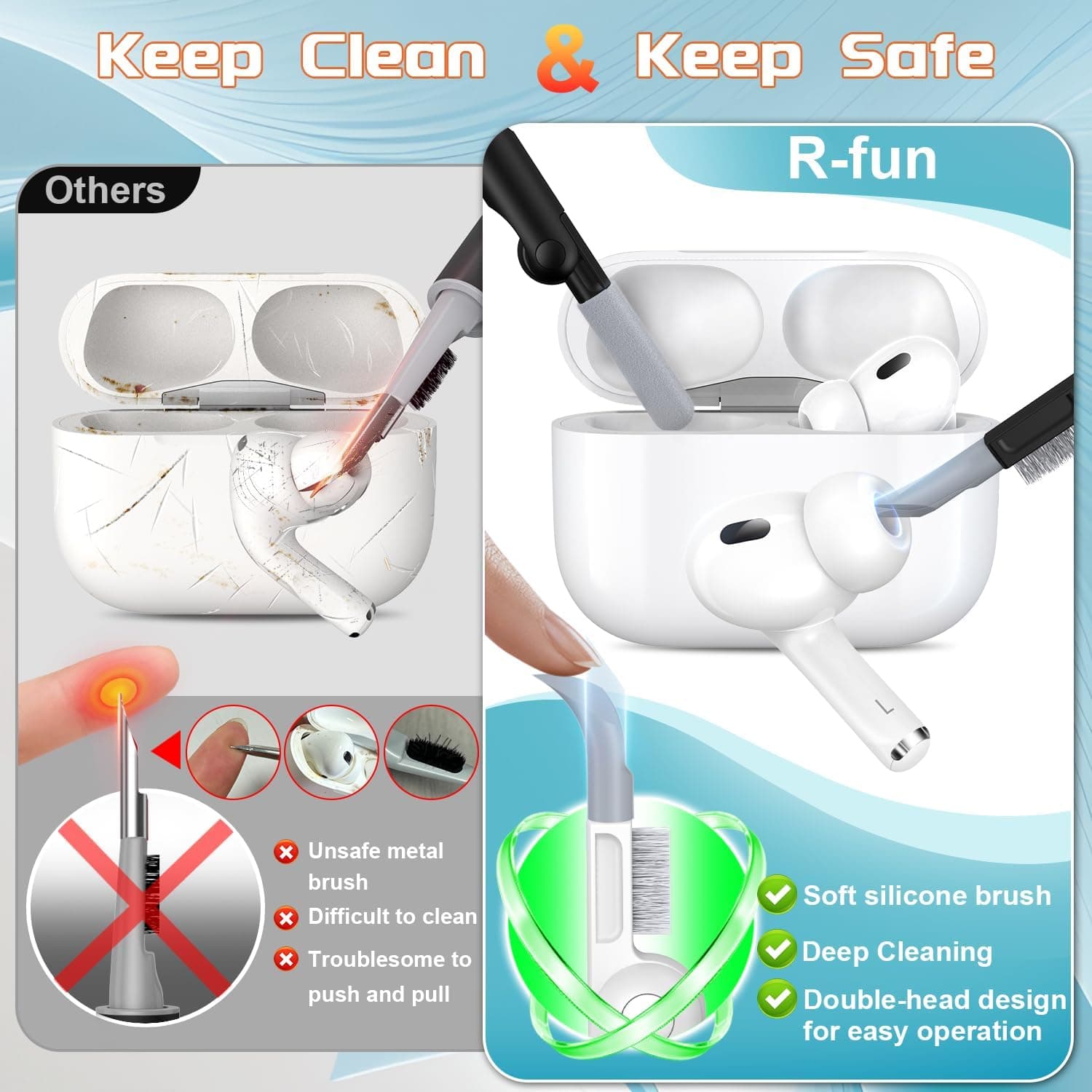 R-fun for AirPods Pro 2nd/1st Generation Case with Cleaner Kit,Soft Silicone Protective Case Cover for Apple AirPod Pro 2/1 for Women Men,AirPods Pro Case Accessories with Keychain,Black - Image 5