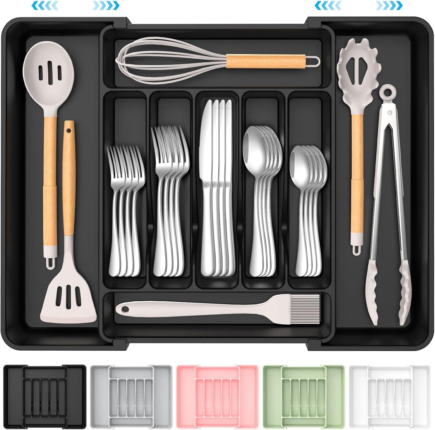 Extra Large Expandable Silverware Organizer, BPA-Free Food-Safe Cutlery Flatware Organizer, Kitchen Utensil Drawer Organizer, Adjustable Silverware Holder for Spoons Forks Knives, Black - Image 2
