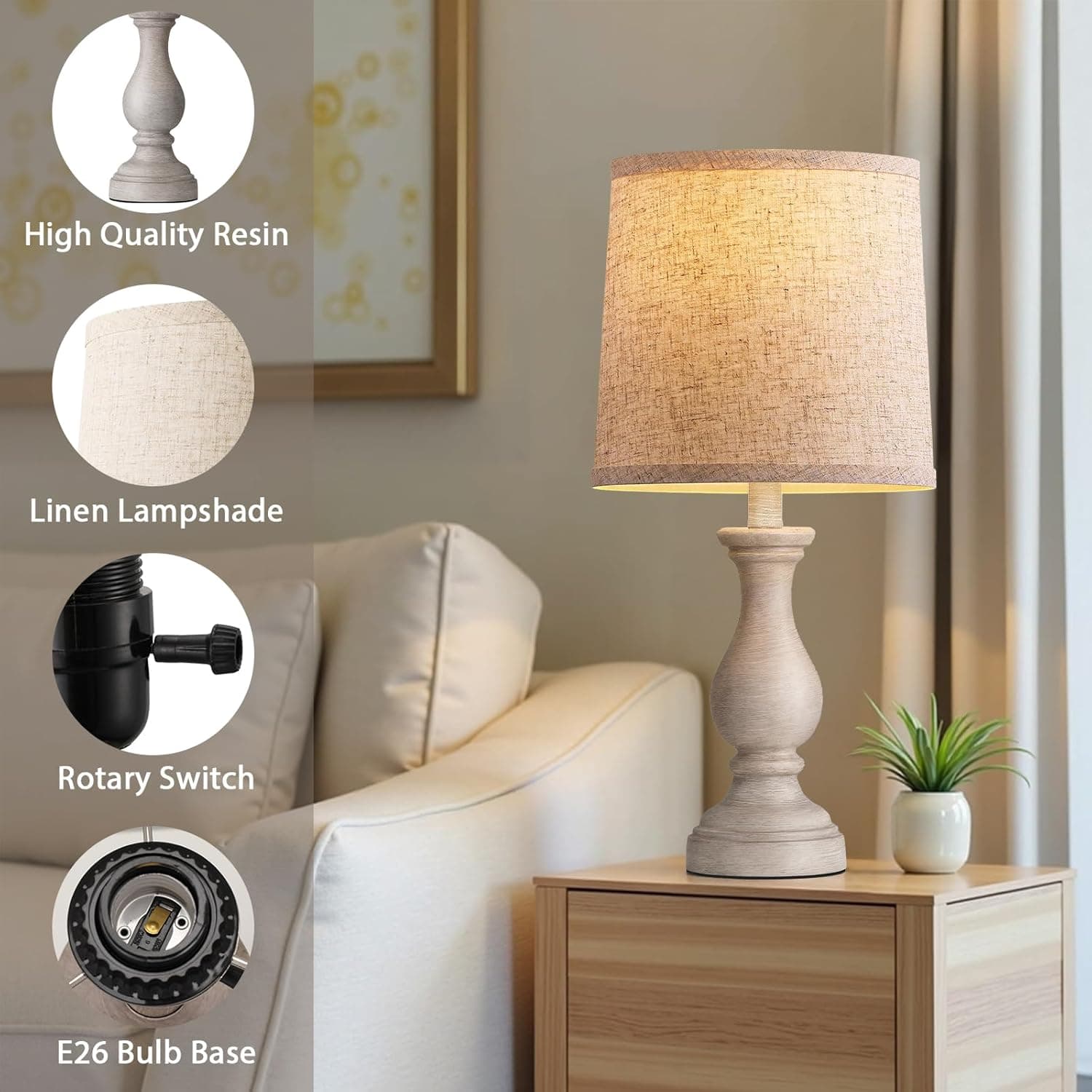 Farmhouse Table Lamps Set of 2 for Living Room, Rustic Bedside Lamps for Bedroom with Vintage Distressed Base - Image 3