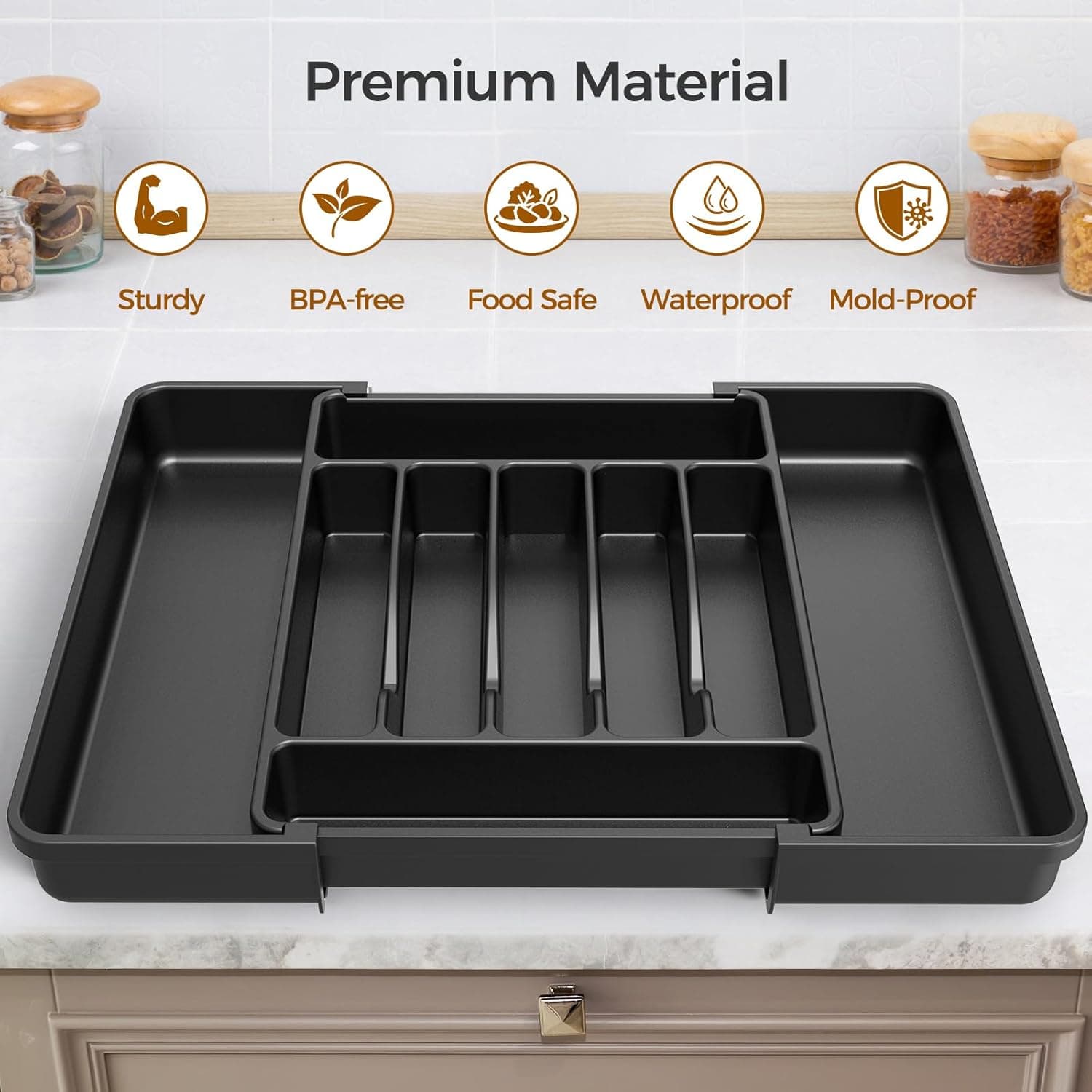 Extra Large Expandable Silverware Organizer, BPA-Free Food-Safe Cutlery Flatware Organizer, Kitchen Utensil Drawer Organizer, Adjustable Silverware Holder for Spoons Forks Knives, Black - Image 5