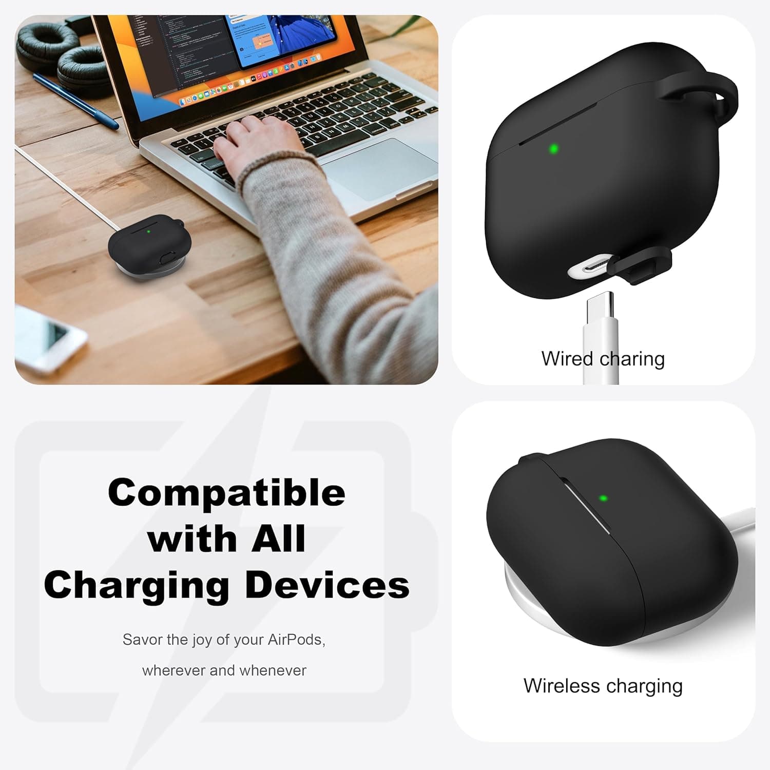 R-fun for AirPods Pro 2nd/1st Generation Case with Cleaner Kit,Soft Silicone Protective Case Cover for Apple AirPod Pro 2/1 for Women Men,AirPods Pro Case Accessories with Keychain,Black - Image 3